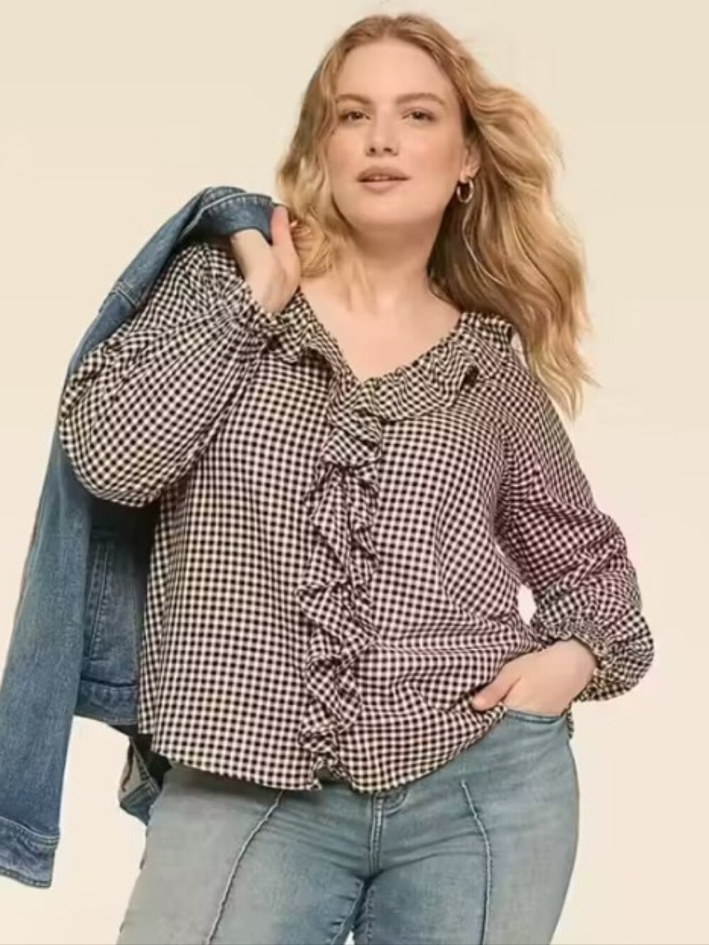 Lane Bryant Plaid Ruffle Front Blouse Sz 18